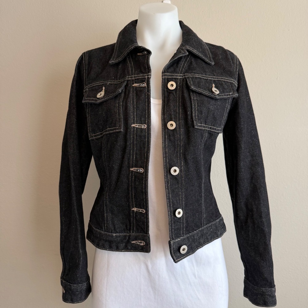 Vintage Guess Denim Jacket Small Cropped Trucker Black Jean Jacket Made USA Y2K